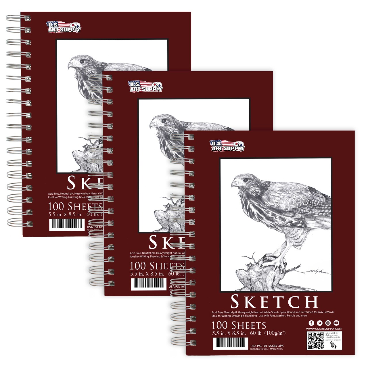 5.5"x8.5" Sketch Book Pad, 3 Pack (100 Sheets Each), 60lb (100gsm) Spiral Bound - Sketching, Drawing Pad, Acid-Free Paper - Sketch Pads For Adults, Students: Colored Pencils, Charcoal